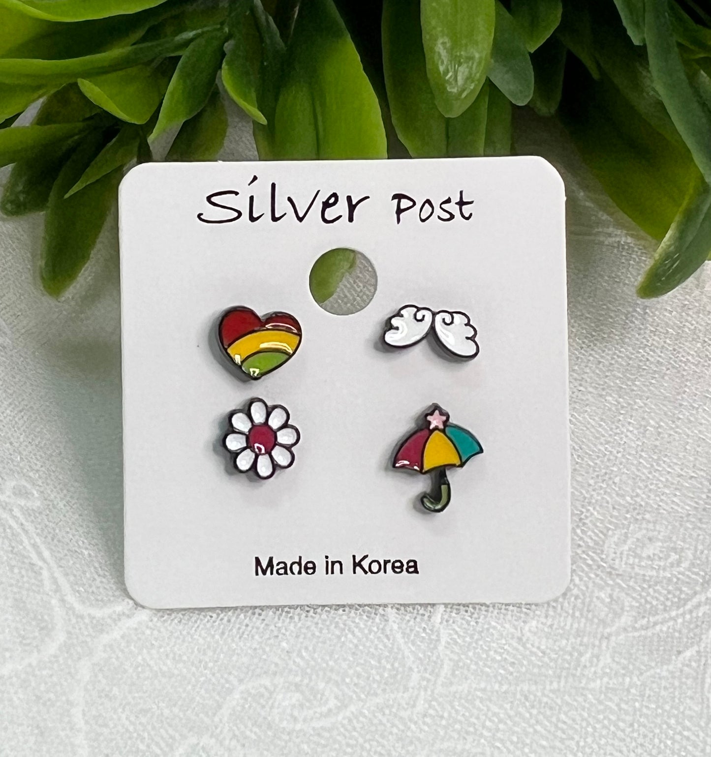 Set of 4 Tiny and Cute illustration Earrings, rainbow heart , umbrella, butterfly, bee,tulip