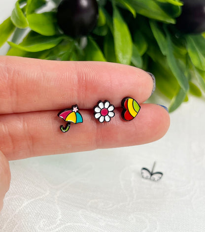 Set of 4 Tiny and Cute illustration Earrings, rainbow heart , umbrella, butterfly, bee,tulip
