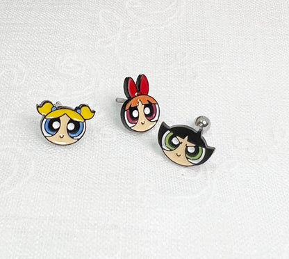 Powerpuff Girls Screwback Barbells Ear Piercing , Surgical Steel Screw Back Ear Stud ,Blossom,Bubbles,Buttercup