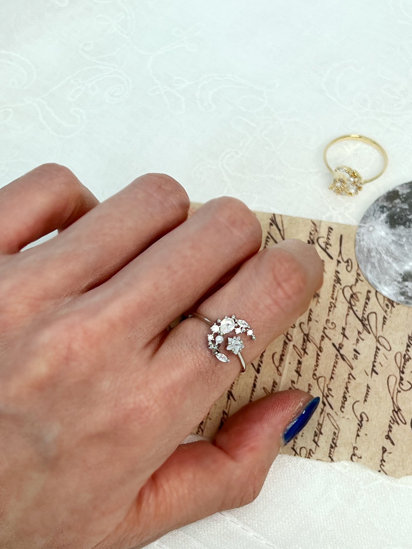 Cubic and pearl setting Crescent Moon and Star adjustable ring, Crescent Moon Celestial Star Ring,Open Ring