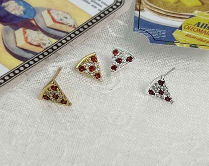 Cubic setting Pepperoni Pizza Stud Earrings Food Earrings, Pizza Lovers