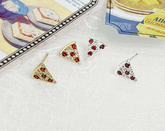 Cubic setting Pepperoni Pizza Stud Earrings Food Earrings, Pizza Lovers