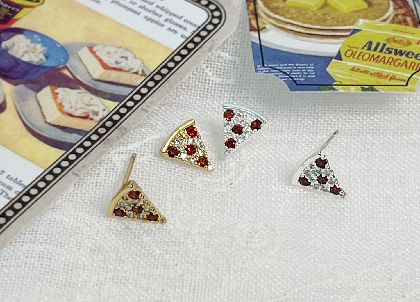 Cubic setting Pepperoni Pizza Stud Earrings Food Earrings, Pizza Lovers