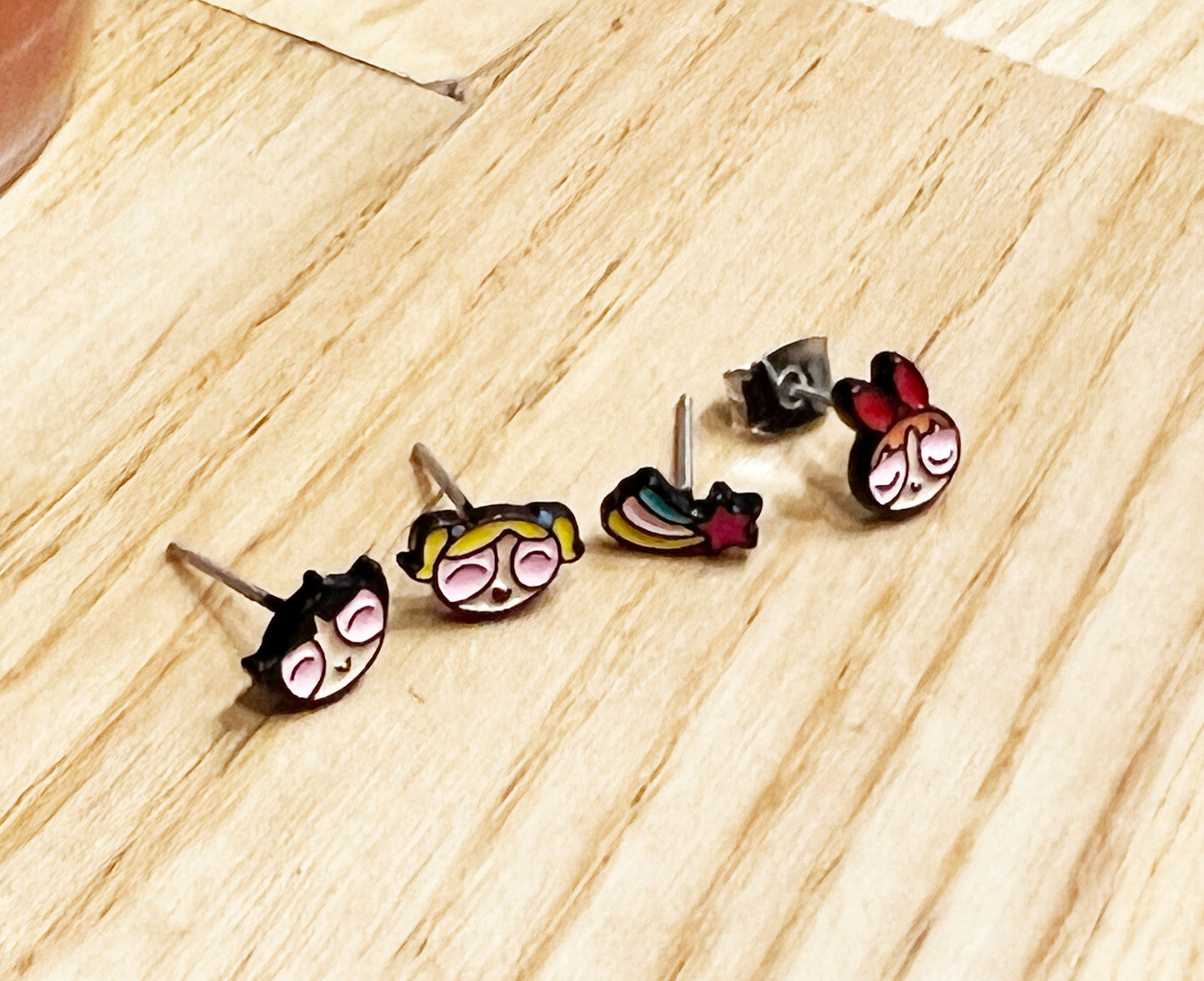 Set of 4 tiny Powerpuff Girls Unbalance Earrings, Blossom, Bubbles,Buttercup earrings