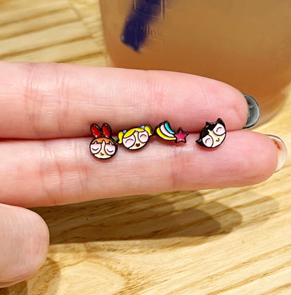 Set of 4 tiny Powerpuff Girls Unbalance Earrings, Blossom, Bubbles,Buttercup earrings