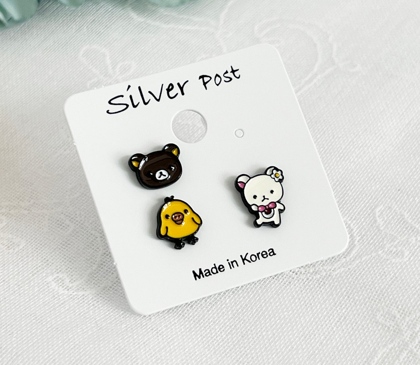 Cute Rilakkuma and Korilakkuma Set of 3 Unbalance earrings, Cute Character Earrings ,Bear earrings-2