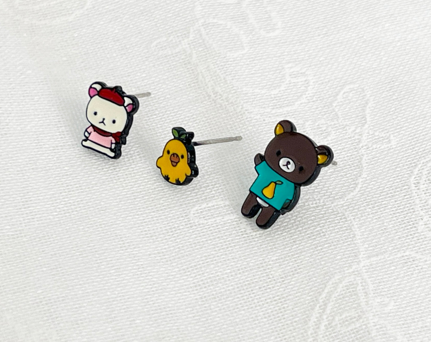 Cute Rilakkuma and Korilakkuma Set of 3 Unbalance earrings, Cute Character Earrings ,Bear earrings-2