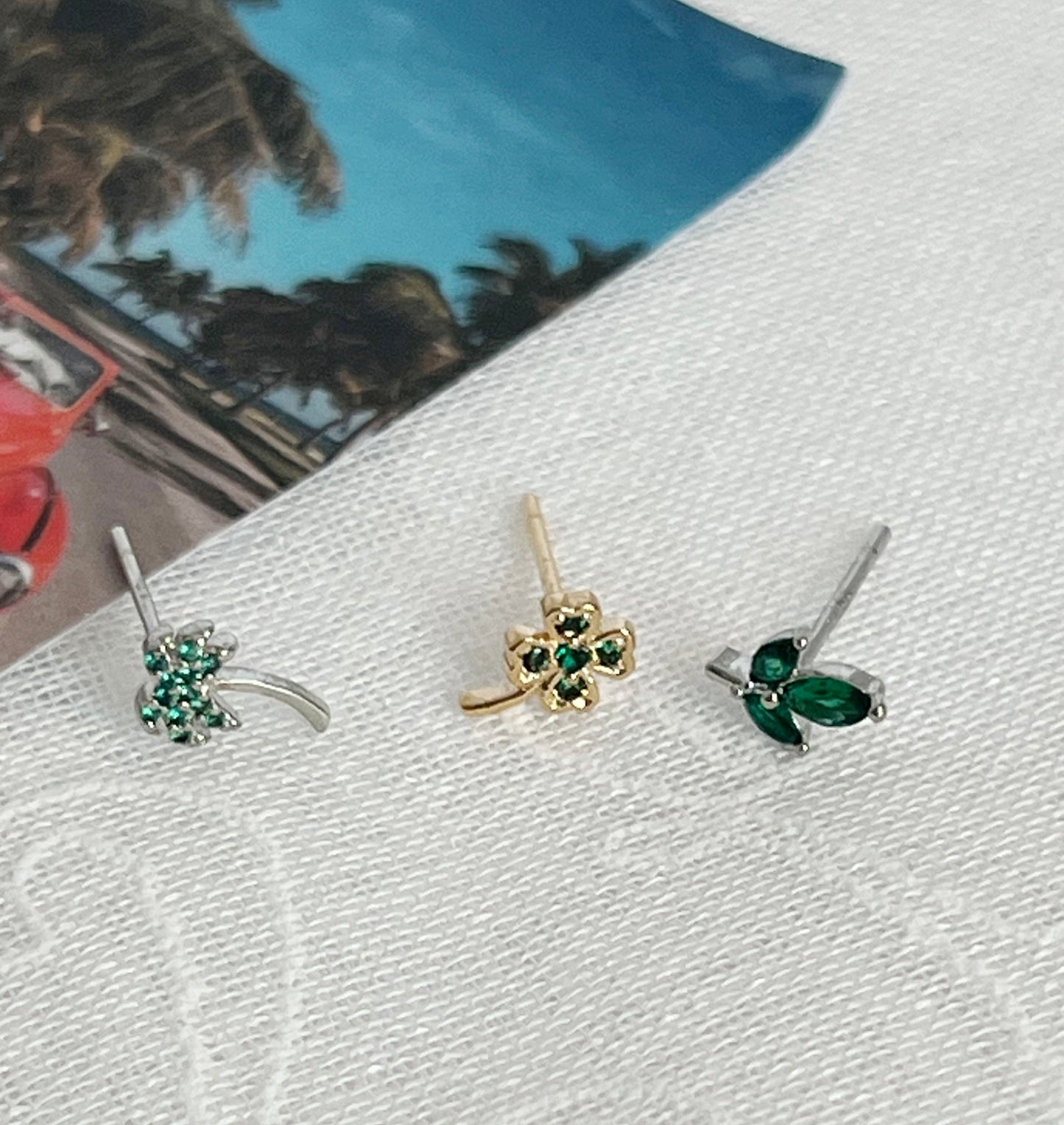 Cubic setting Palm Tree ,Four-leaf clover ,Tiny Leaf Stud earrings, Summer earrings micro tiny earrings