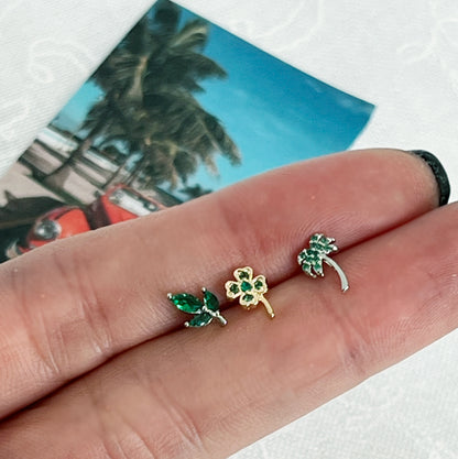 Cubic setting Palm Tree ,Four-leaf clover ,Tiny Leaf Stud earrings, Summer earrings micro tiny earrings