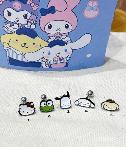 Sanrio characters Hello Kitty,  kerokero keroppi , Pochacco ,Pompompurin, Cinnamorolls, Screw back earrings, screw back ball Ear Piercing, Barbells Surgical Steel Cartilage earrings