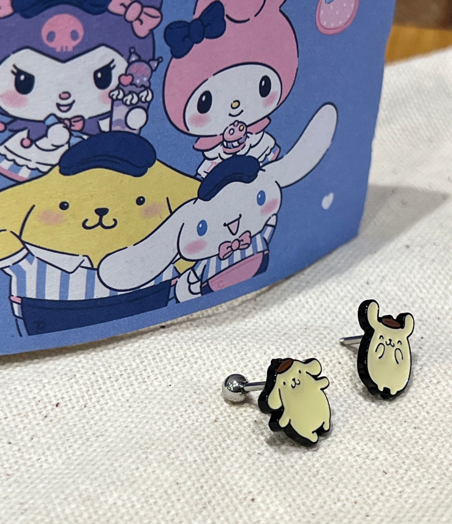 Sanrio characters Hello Kitty, pompompurin, Screw back earrings, screw back ball Ear Piercing, Barbells Surgical Steel Cartilage earrings,Golden Retriever earrings