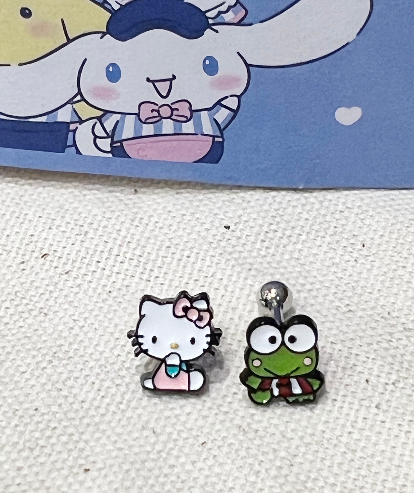 Sanrio characters Hello Kitty Keropi Screw back earrings, screw back ball Ear Piercing, Barbells Surgical Steel Cartilage earrings