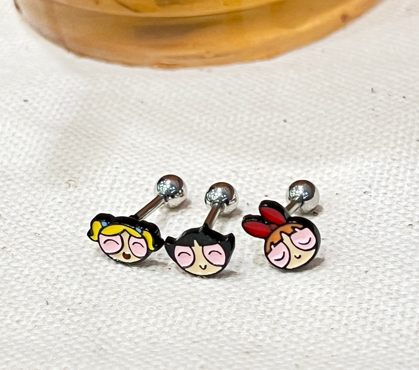 Tiny Powerpuff Girls Screwback Barbells Ear Piercing , Surgical Steel Screw Back Ear Stud ,Blossom,Bubbles,Buttercup