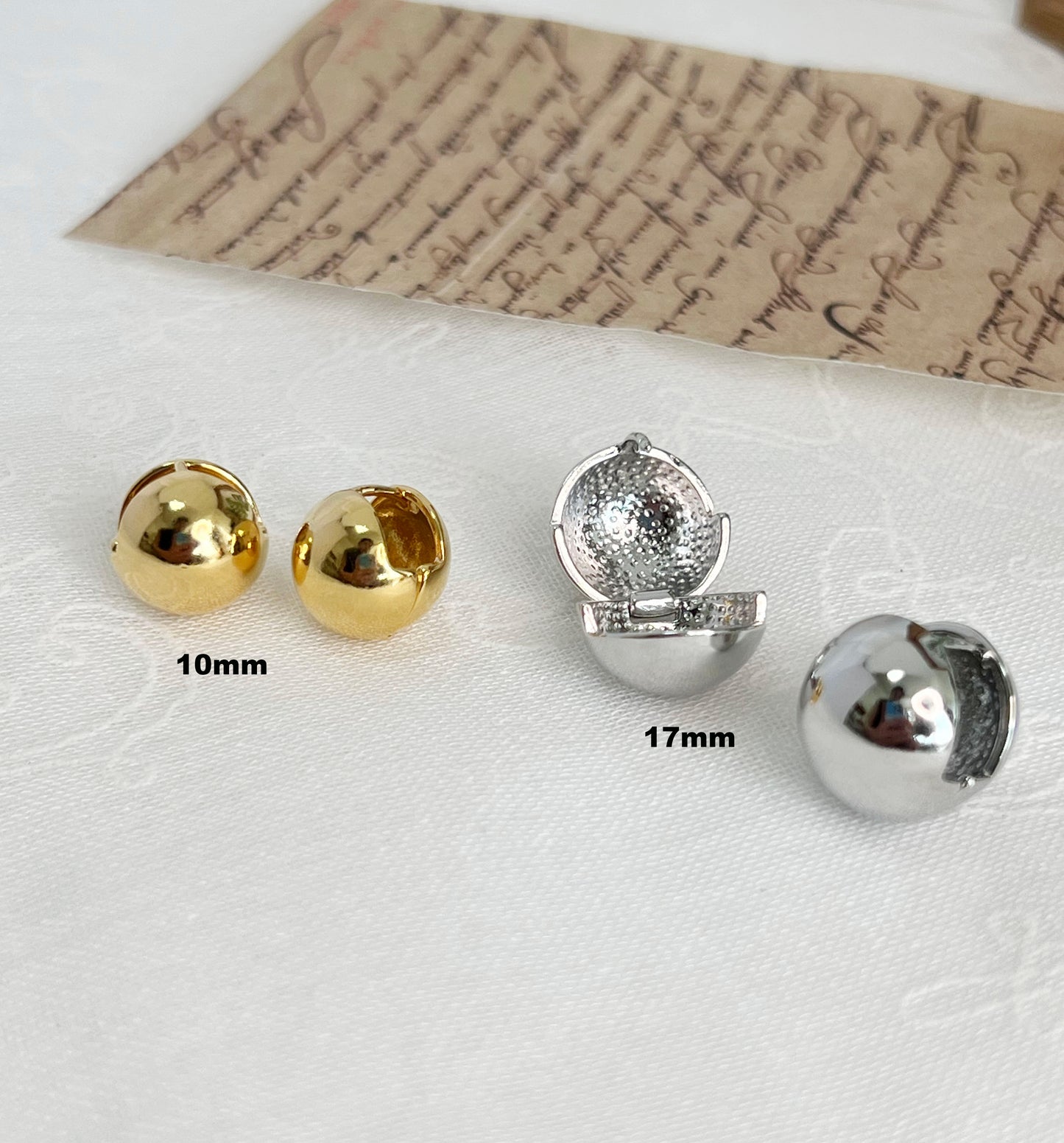 Orb clip earrings Ball hoop stud earrings, One Touch silver 10mm / 17mm dome ball clip stud Earrings