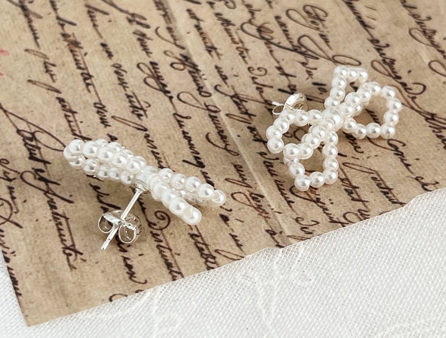 Double Ribbon pearls stud earrings, Bow Drop Earrings with pearls