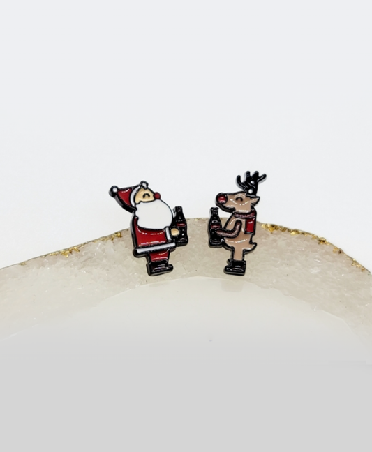 Christmas Cute illustration Earrings, Santa Claus and  Rudolph the Red-Nosed Reindeer season earrings