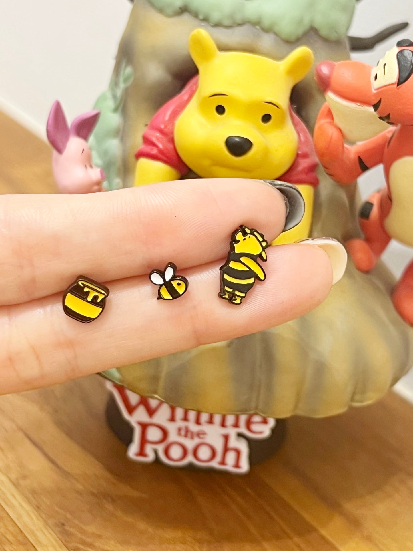 Disney-licensed characters earrings, set of 3 Winnie the Pooh and honey bee, a jar of honey unbalanced stud earrings
