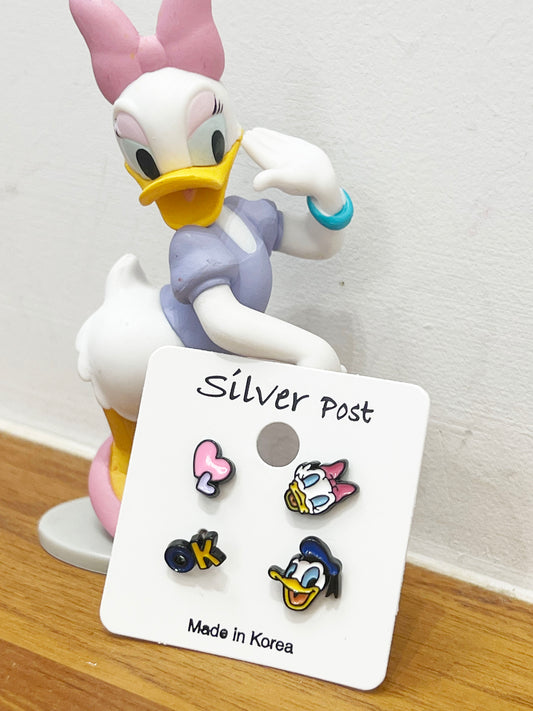 Disney-licensed set of 4 Donald duck and Daisy  Unbalance Earrings, Disney Earrings