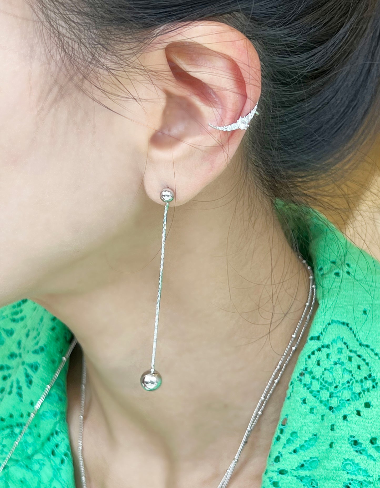 Cubic setting skinny sideways crescent moon ear cuff, Non pierced conch ear cuff, Conch ear cuff,