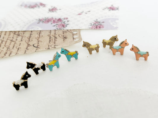 Tiny merry-go-round horse enamel Stud Earrings ,Hobby horse earrings, Dala Horse earrings ,