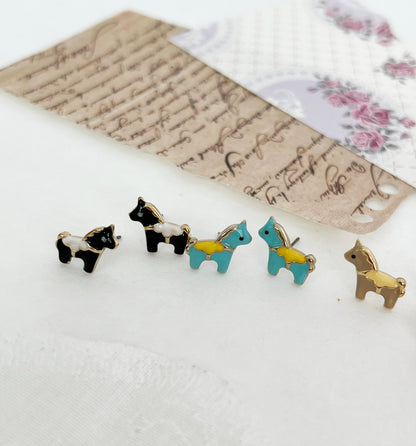 Tiny merry-go-round horse enamel Stud Earrings ,Hobby horse earrings, Dala Horse earrings ,