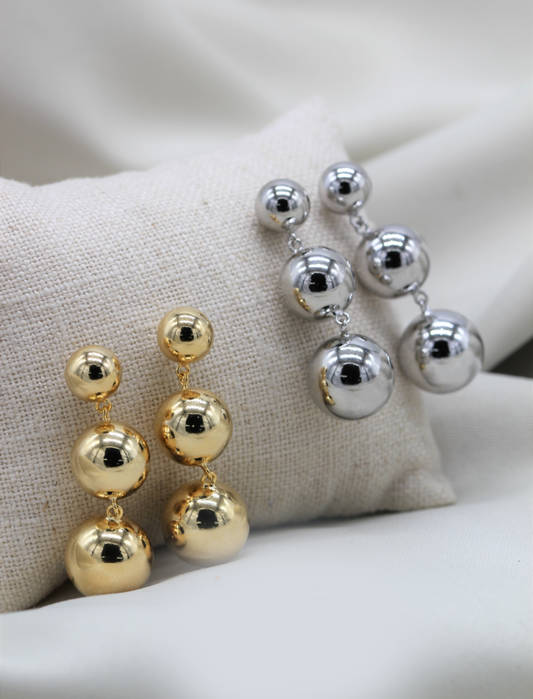 Three-tiered Balls long drop chandelier earrings
