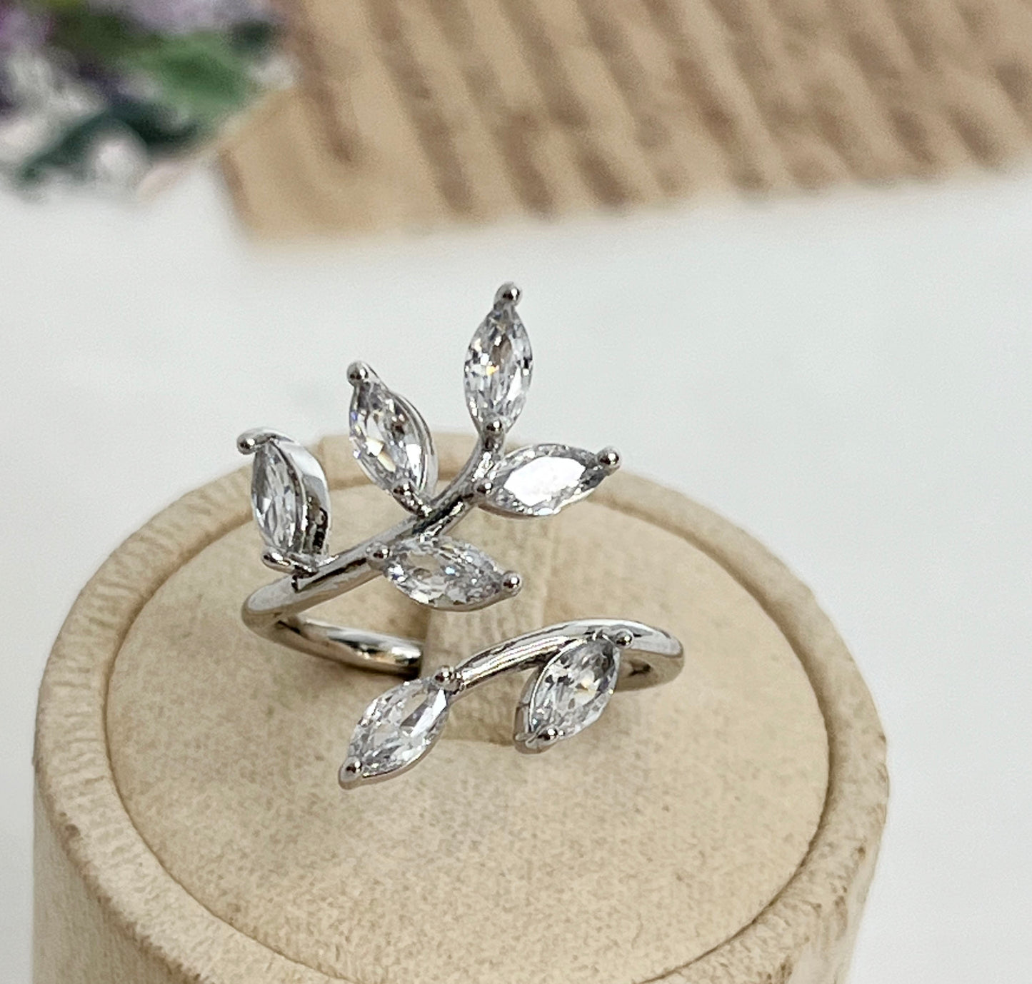 Cubic zirconia setting Olive leaves Branch ring , Bay leaves Branch adjustable Ring -3 types