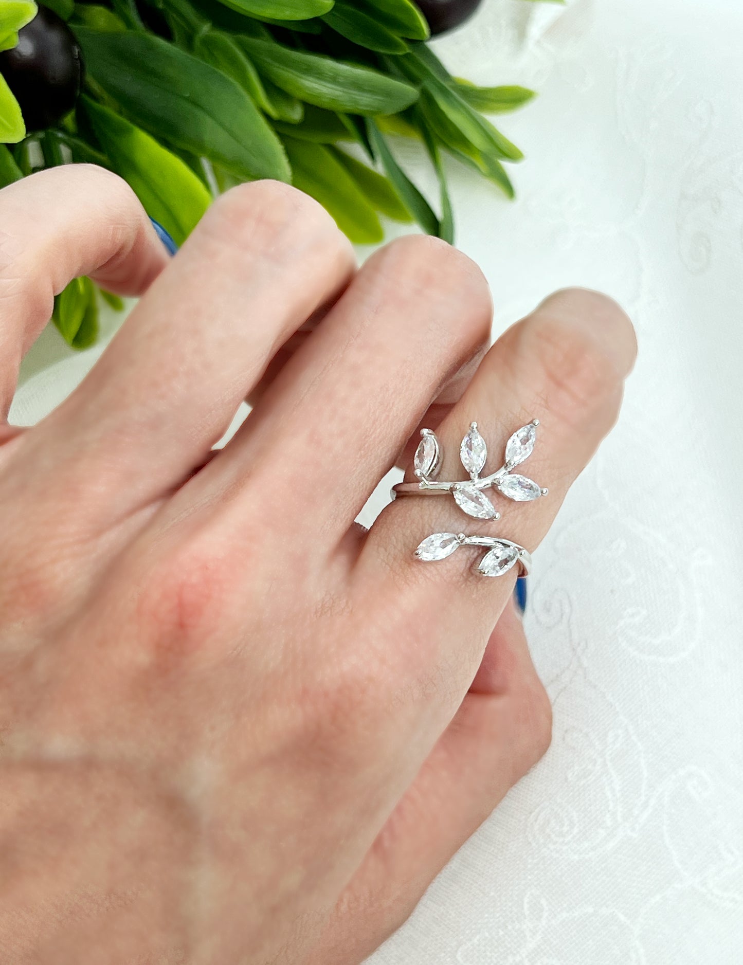 Cubic zirconia setting Olive leaves Branch ring , Bay leaves Branch adjustable Ring -3 types