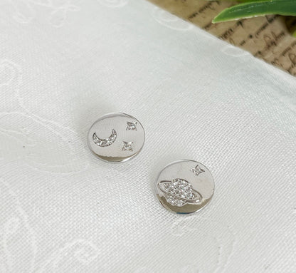 Cubic Universe Planet Earrings , cubic Space disc earrings, Saturn and moon cubic earrings