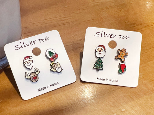 Set of 4 Tiny and Cute illustration Christmas Earrings, Santa Claus,Christmas tree,gingerman breads,angel,snow ball