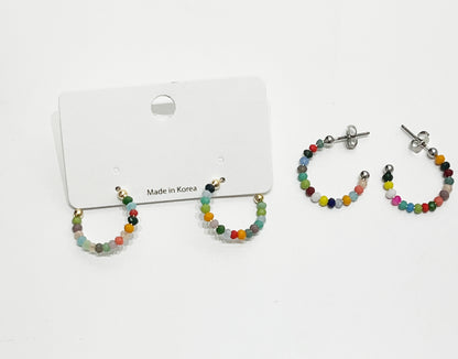 Multi color stones Hoop Earrings. beaded stones hoop earrings, colorful ring earrings