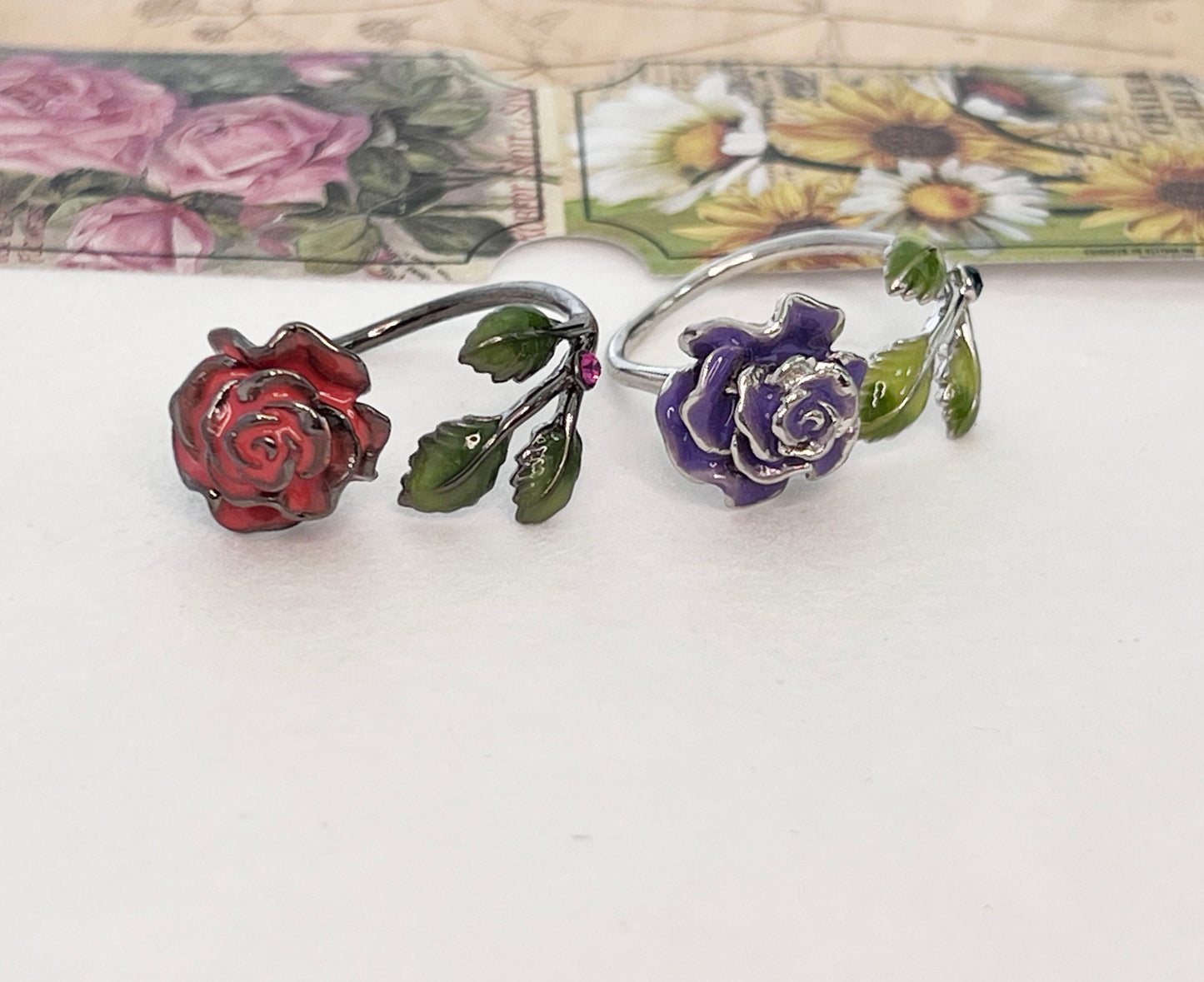 Big Rose flower free size adjustable ring, Stackable ring, Rose statement open ring