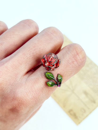 Big Rose flower free size adjustable ring, Stackable ring, Rose statement open ring