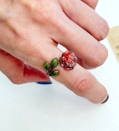 Big Rose flower free size adjustable ring, Stackable ring, Rose statement open ring