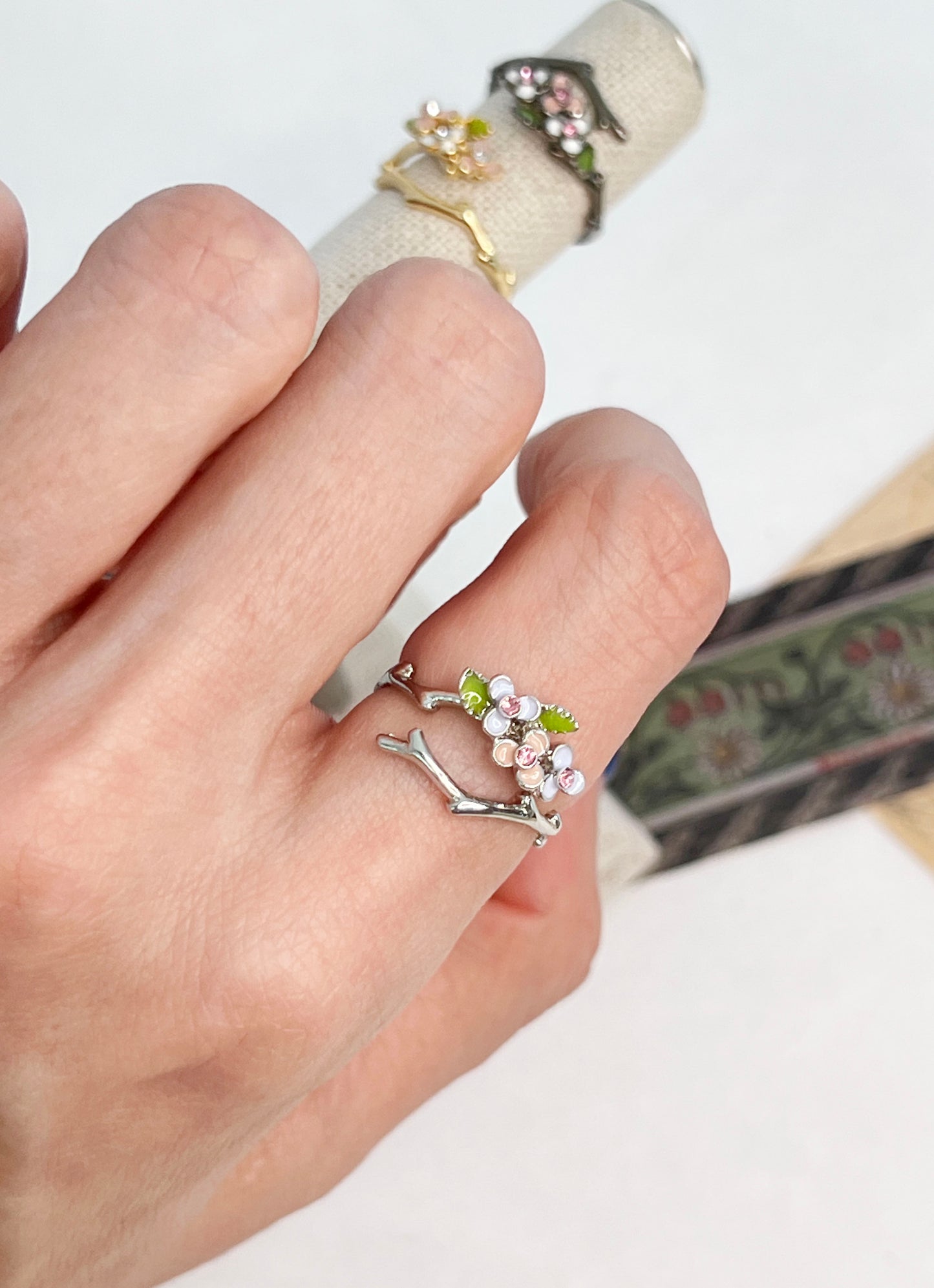 Branch and flowers cubic wrap adjustable Ring in 3colors