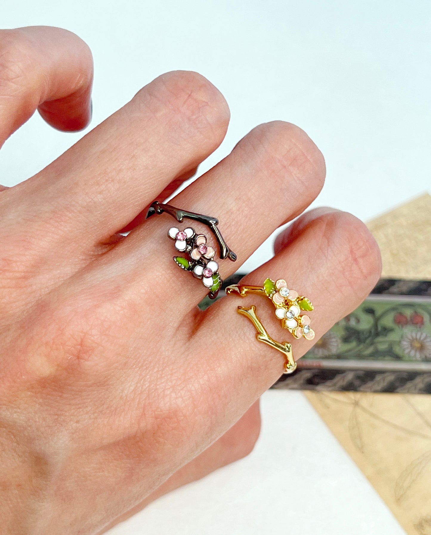 Branch and flowers cubic wrap adjustable Ring in 3colors