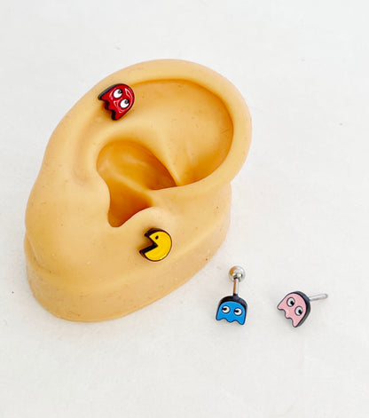 Vintage Game character Screw back Barbells Ear Piercing , Pac Man Surgical Steel Screw Back Ear Stud ,Pac Man and Ghost Cartilage Helix Tragus Conch