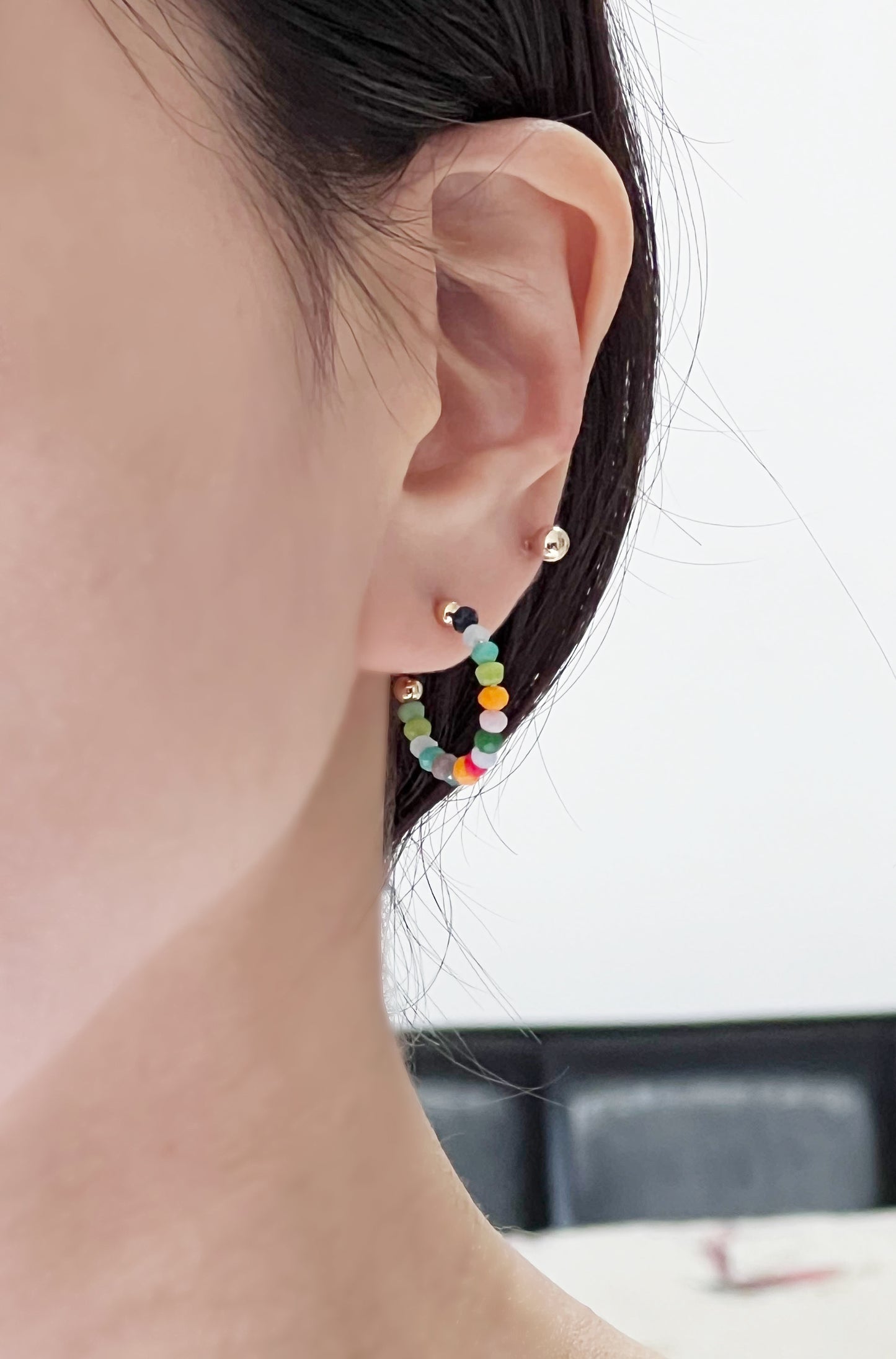 Multi color stones Hoop Earrings. beaded stones hoop earrings, colorful ring earrings