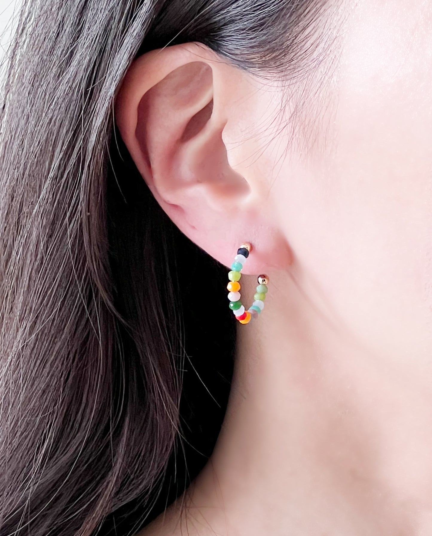 Multi color stones Hoop Earrings. beaded stones hoop earrings, colorful ring earrings