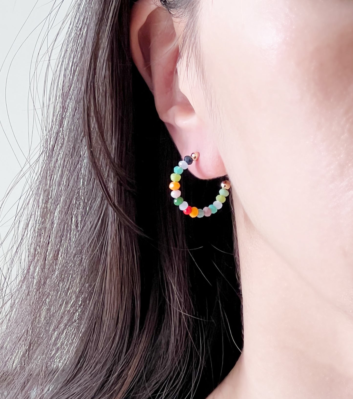 Multi color stones Hoop Earrings. beaded stones hoop earrings, colorful ring earrings