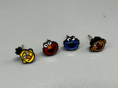 set of 4 Sesame Street Stud Earrings , Cookie Monster And Elmo Earrings, Bert And Ernie