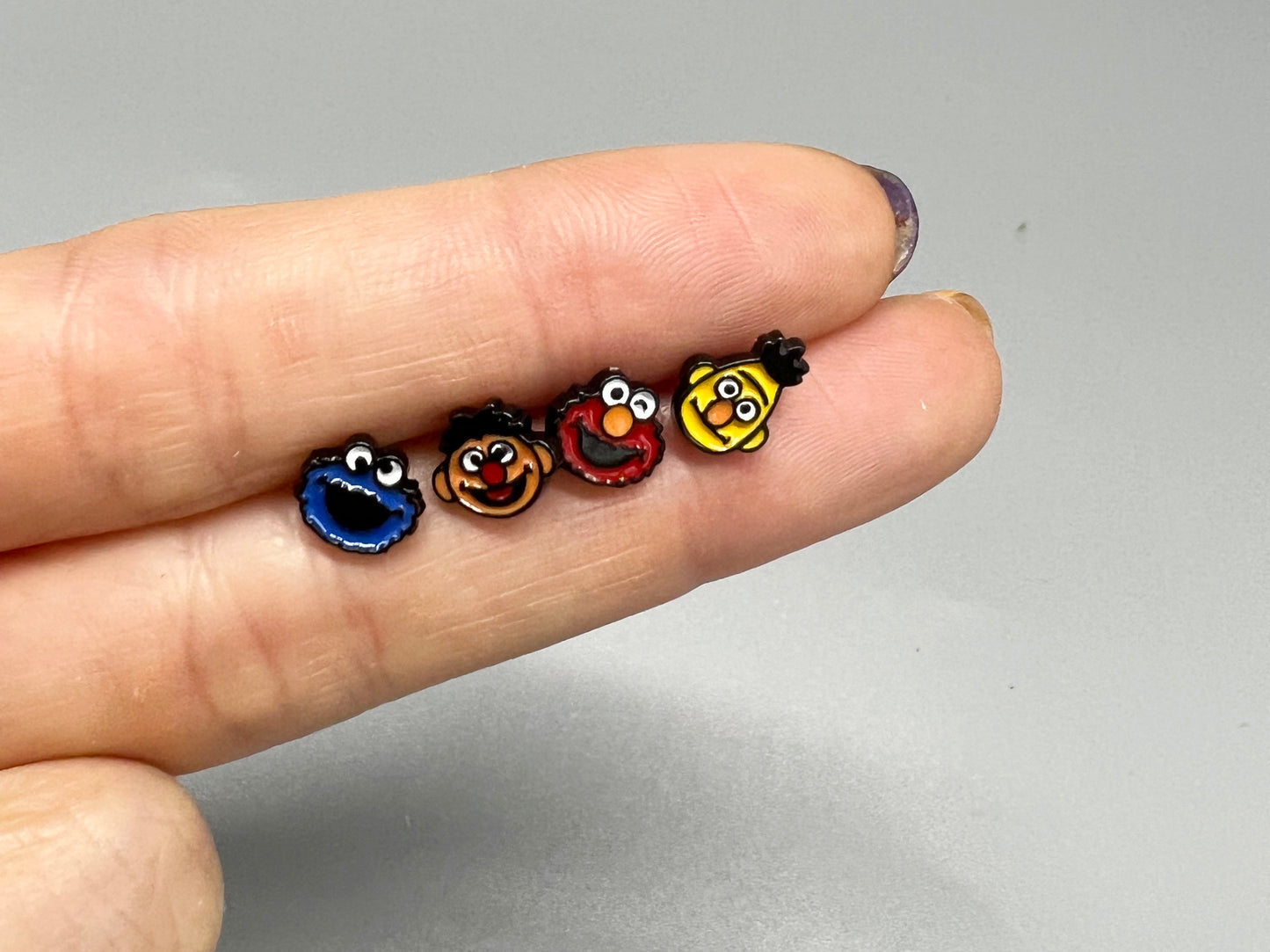 set of 4 Sesame Street Stud Earrings , Cookie Monster And Elmo Earrings, Bert And Ernie