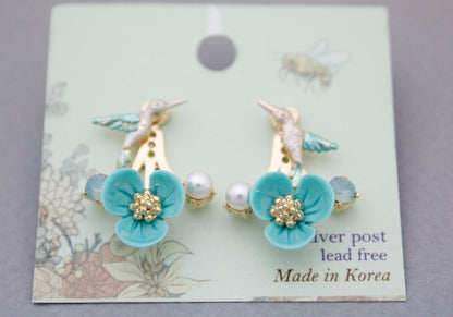 Front and Back Humming Bird and Flower Ear jacket,Wrap around dangle cuff earrings,E0585S