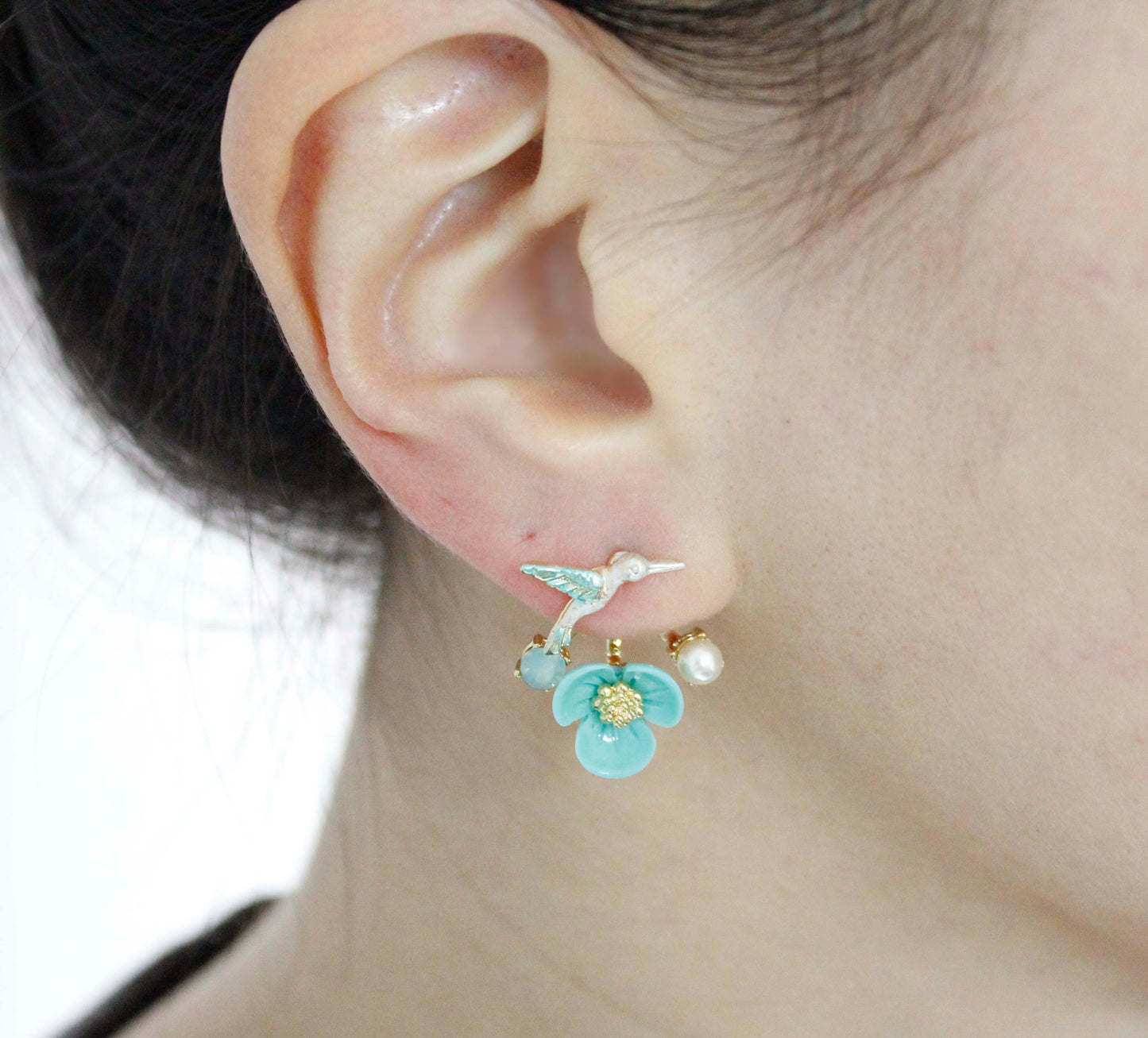 Front and Back Humming Bird and Flower Ear jacket,Wrap around dangle cuff earrings,E0585S