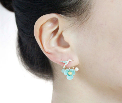 Front and Back Humming Bird and Flower Ear jacket,Wrap around dangle cuff earrings,E0585S