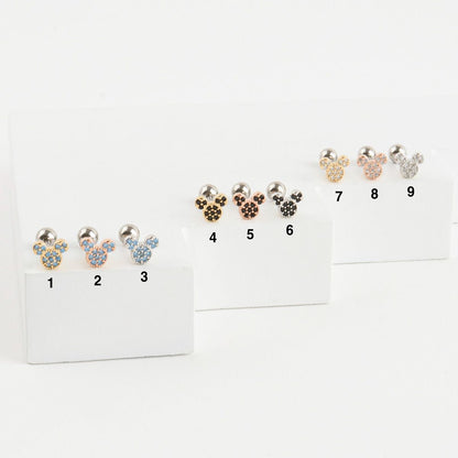 Tiny Mickey Mouse Cubic setting Cartilage Piercing Colorful Pushpin Forward Helix Earring Helix Piercing screw back ball ,Cartilage piercing ,Tragus Earrings