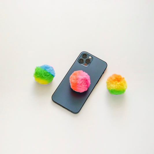 Cute Faux/Fur Pom Pom Phone Grip  Rainbow color fur griptok, Cute Phone Stand Mobile Holder Phone Grip Griptok