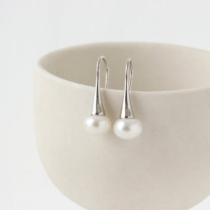 925 Sterling Silver fresh water pearl long drop hook earrings