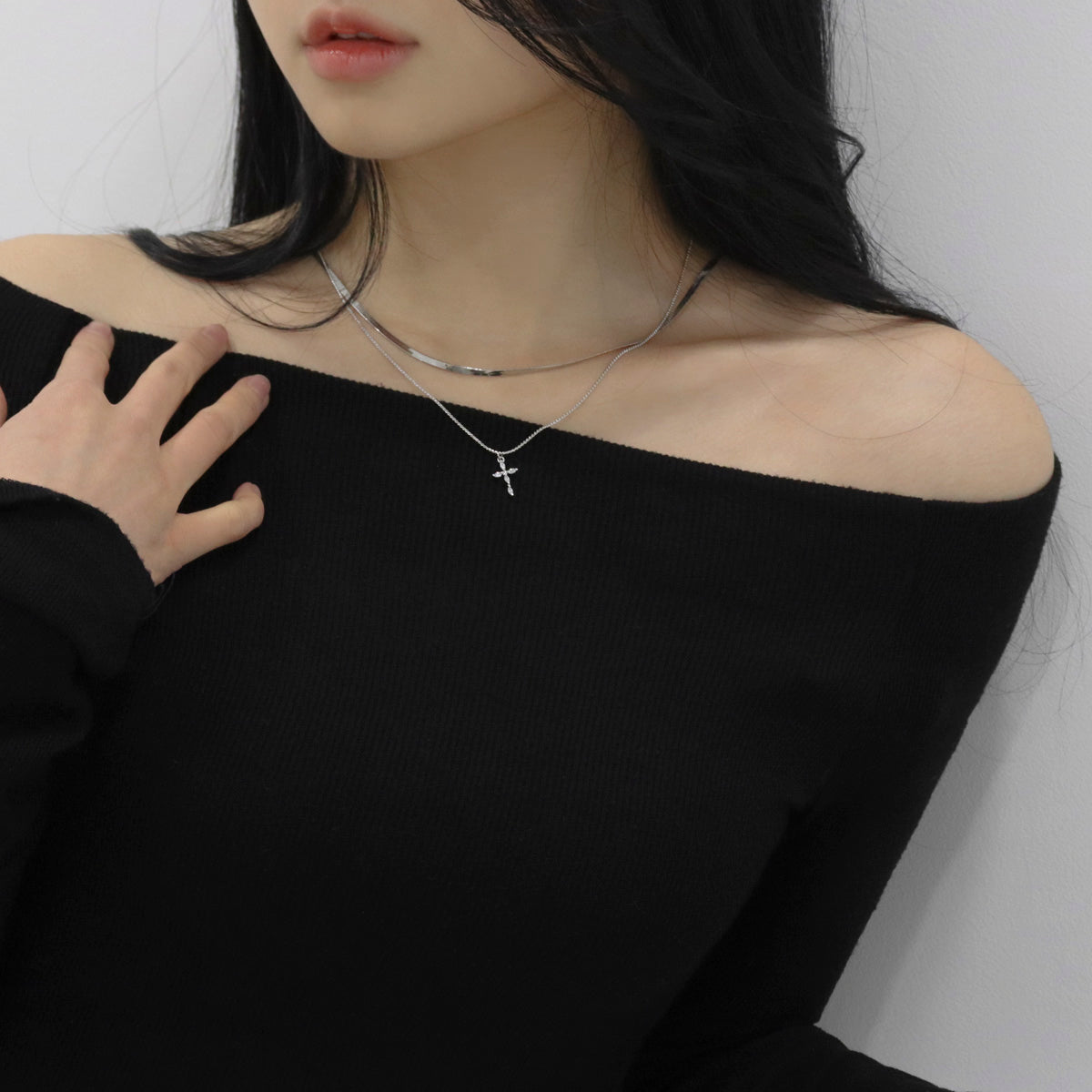 Double Layer Snake chain necklace with cubic Cross charm Necklace,Double Layered Cross Necklace Set, Snake chain Choker necklace