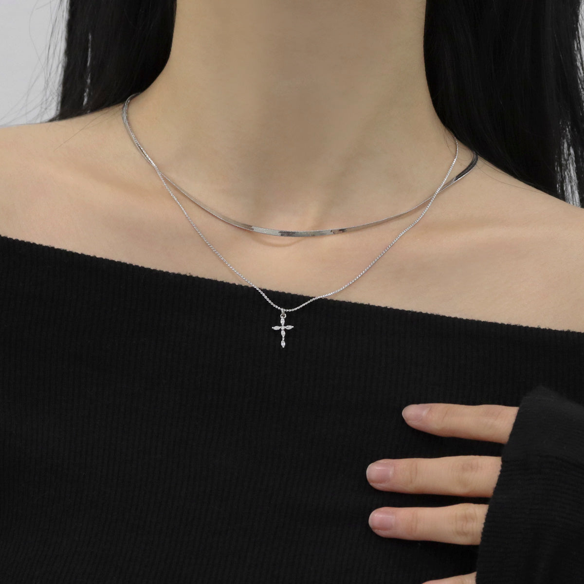 Double Layer Snake chain necklace with cubic Cross charm Necklace,Double Layered Cross Necklace Set, Snake chain Choker necklace